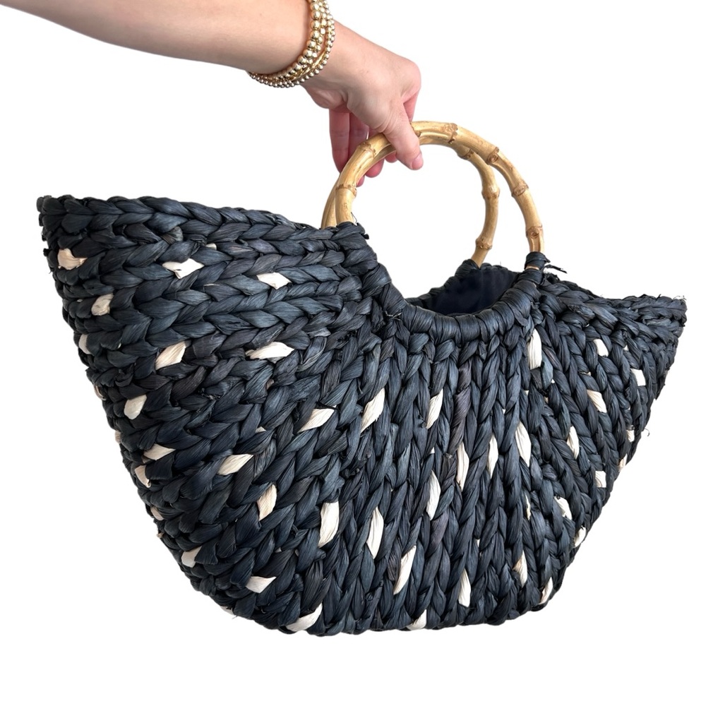 WORLD MARKET Black Cream Tan Straw Beach Tote Bag Hand Bag Bamboo Handles OS